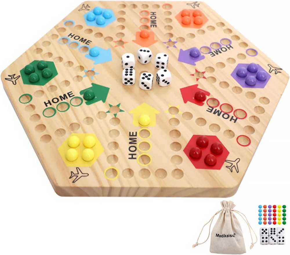 Double-Sided Wooden Wahoo Board Game for 4-6 Players, 6 Colors, 24 Marbles, 6…