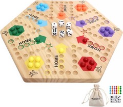 Double-Sided Wooden Wahoo Board Game for 4-6 Players, 6 Colors, 24 Marbles, 6…