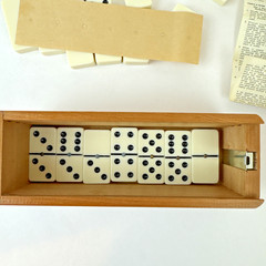 Vintage Cribbage Dominoes Game Set Double 6 Metal Dot Wood Box Japan