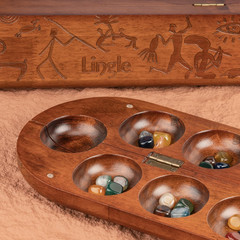 Deluxe Mancala Set: Real Wood Hinged Board with 48 Natural Multicolor Stones – A