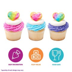 Cupcake Rings 24 Pack Rainbow Prism Heart Multicolored Food Safe DECOPAC Toppers