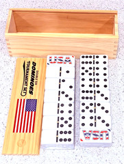 Domino Set of 28 Double Six Dominoes Wood Box Center Pins Easy Flip, FREE SHIP!
