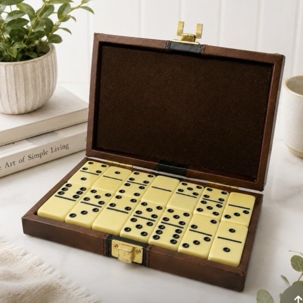 VTG Complete Set of 28 Double Six Dominos Tiles Faux Leather Case Travel Compact
