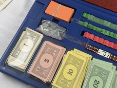 VTG 1973 MONOPOLY Game in Blue Hard Plastic Travel Case Complete looks unused