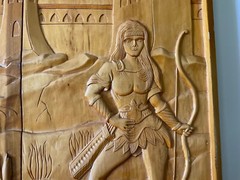 UKRAINE Ooak BACKGAMMON Wood Carved Board Set Bas Relief Knight Woman w/ Arrow