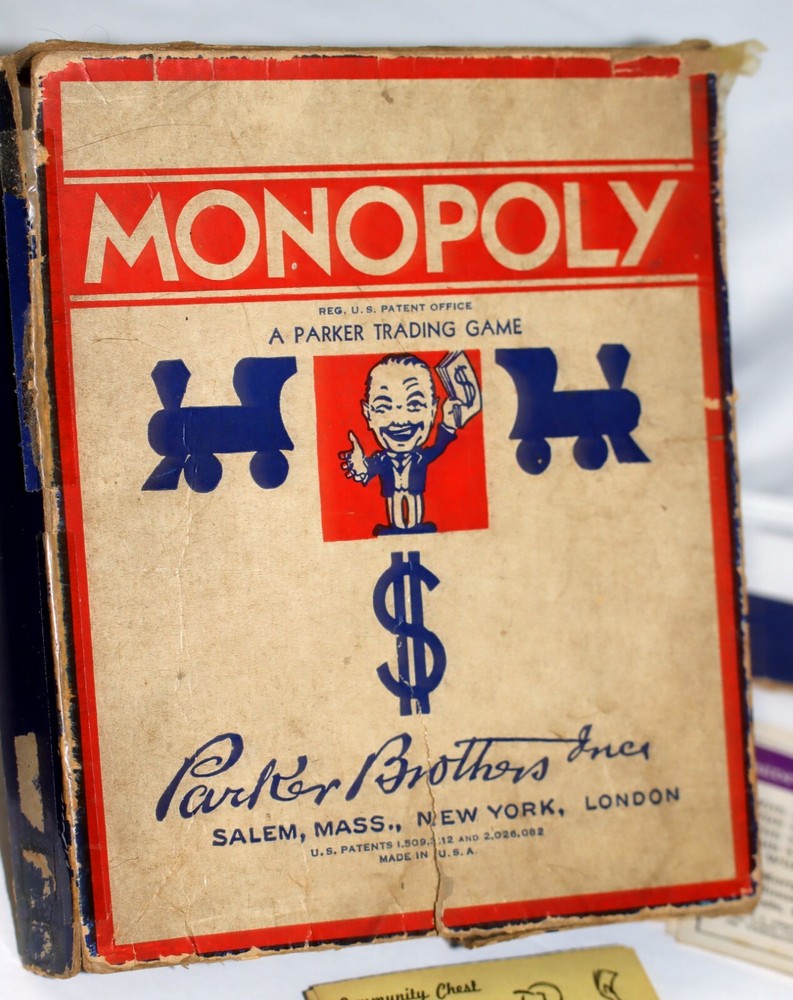 1930’s Monopoly Game Wood Hotels Metal Pieces/Prop. & chance cards/money/board