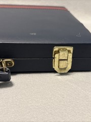 Vintage BACKGAMMON Travel Game Set Navy Blue Faux Leather Folding Case Compact