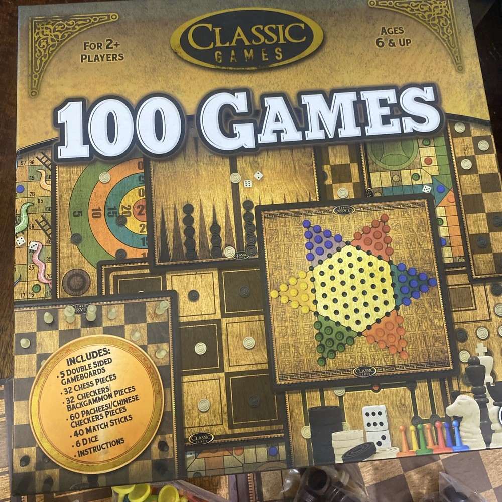 Ambassador 100 Classic Games Chess Checkers Solitaire Tic Tac Toe Pachisi Goose