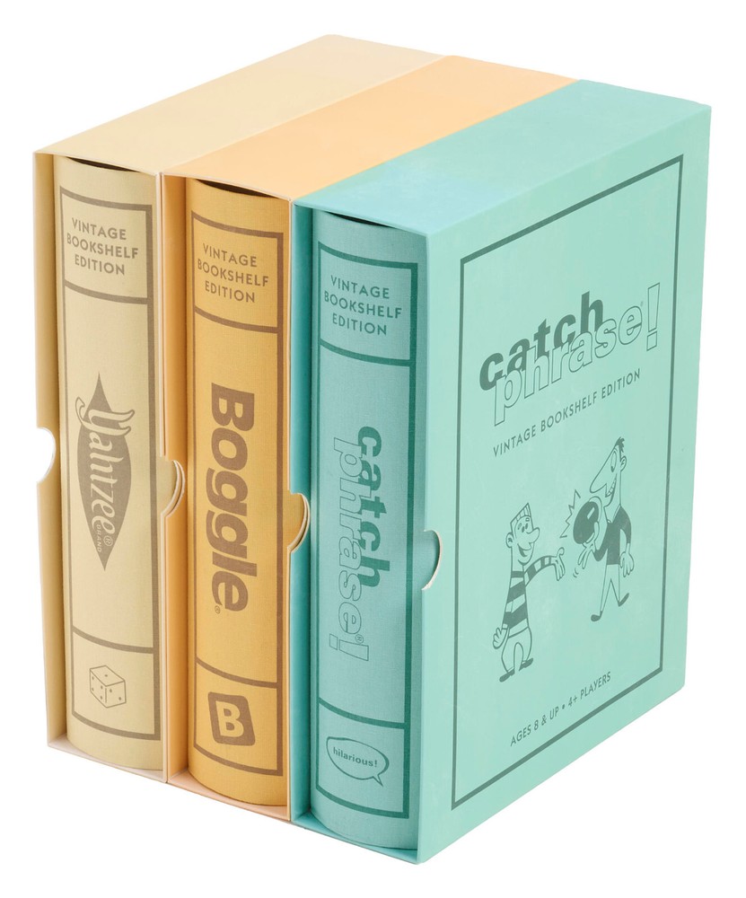 Boggle, Catch Phrase, and Yahtzee Vintage Board Game Bookshelf Collection New