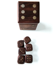 Set of 6 Wood Dice & Storage Box with inset brass decorative spots