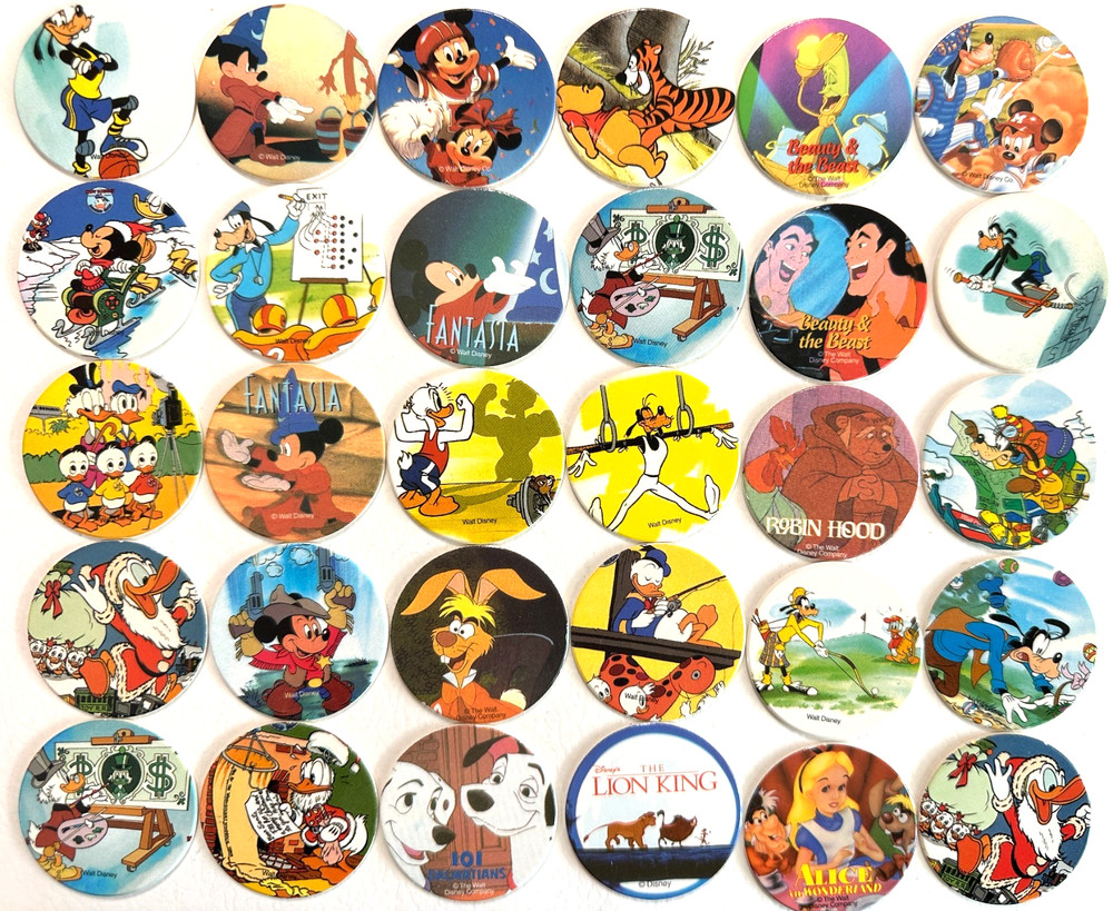 VINTAGE POGS 30 VARIOUS CLASSIC BEAUTIFUL NEW DISNEY MILK CAPS** TAKE A LQQK **