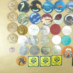 Junk Draw Lot of Coin Tokens from the 1990s. Metal, Plastic, Cardboard, Wood