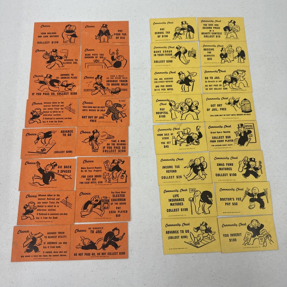 Vintage Monopoly 1961 Complete Set of 32 Community Chest & Chance Cards EUC