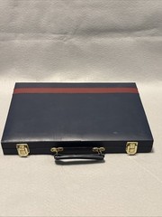 Vintage BACKGAMMON Travel Game Set Navy Blue Faux Leather Folding Case Compact