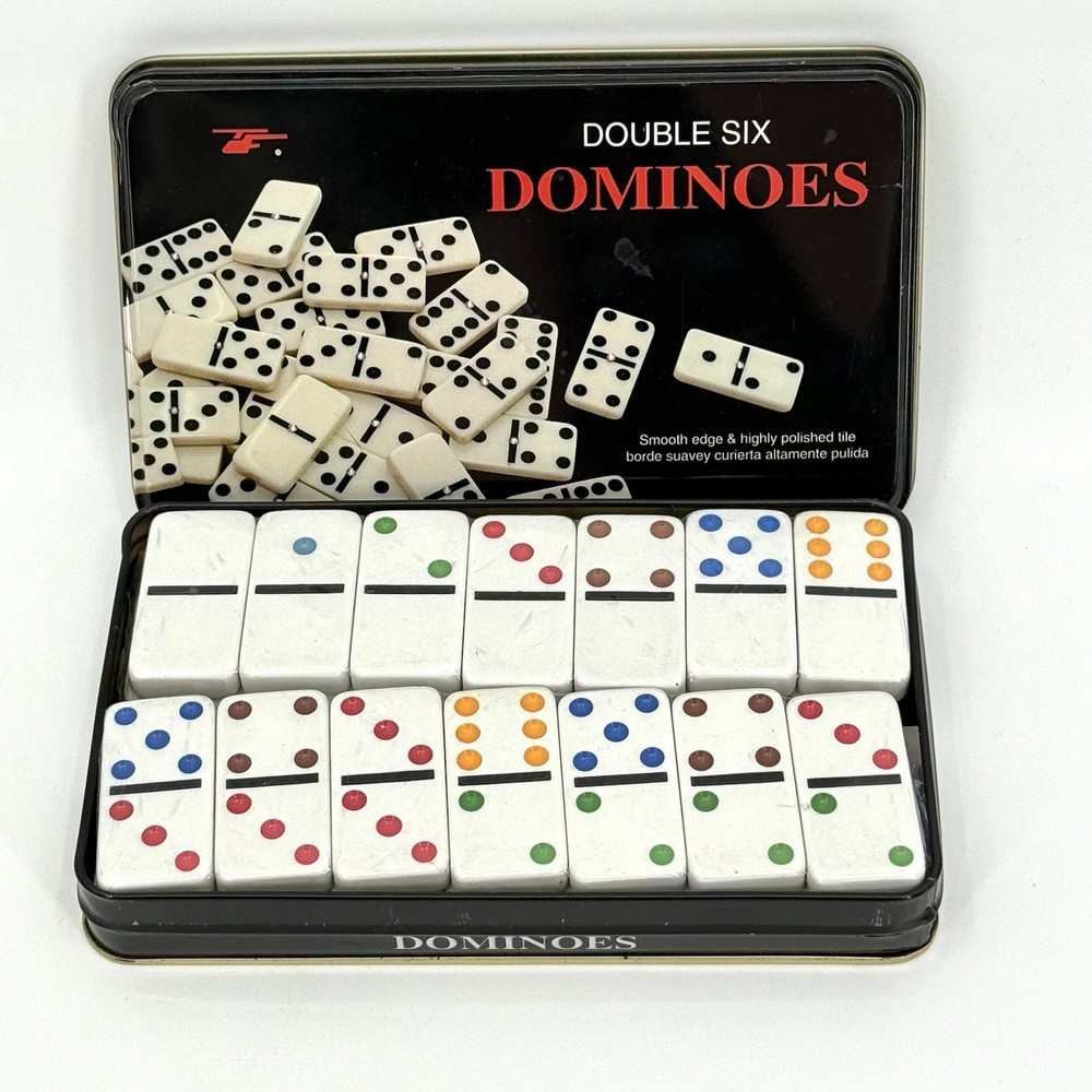 T.F. Dominoes Double Six – Set of 28 Tin Box Multicolored New Old Stock