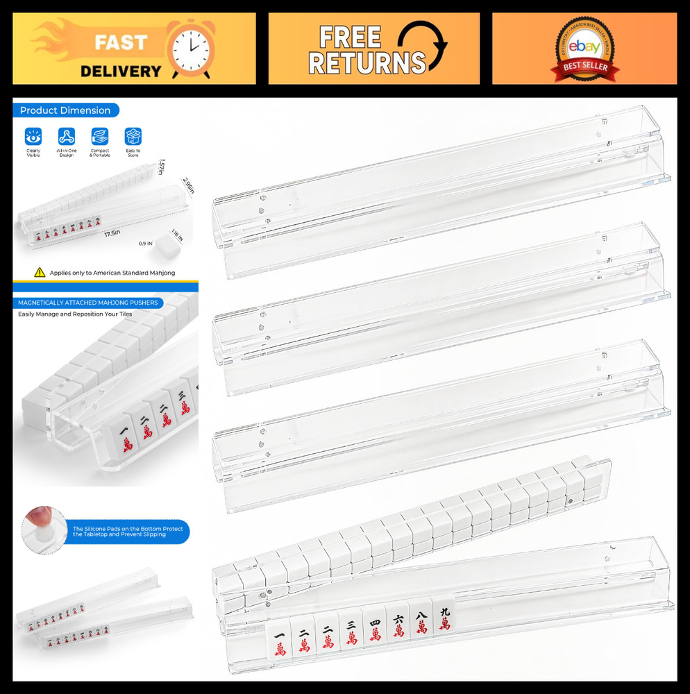 Set of 4 Acrylic Mahjong Racks with Magnetic Pushers & Non-Slip Pads – 17.5