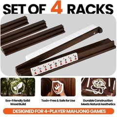 American Walnut Wood Mahjong Racks with Pushers, 4Pcs Mahjong Racks Set for Mahj