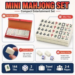 Mini Mahjong Set 144 Tiles 2 Dice Compact Portable Case Classic Table Game Gift!