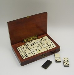 Antique complete Miniature Domino Set in Wood Portable Box Rich Patina
