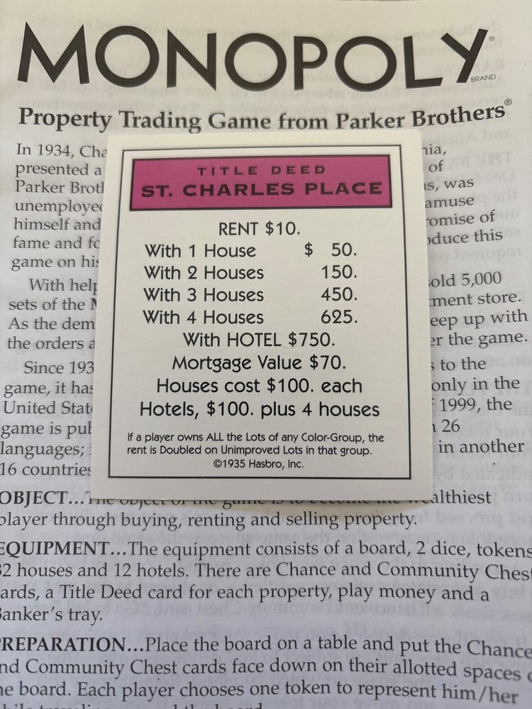 VTG 1999 Monopoly ST. Charles Place Pink Title Deed Card Game Piece Part
