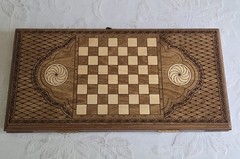 Carved Etched Wood Backgammon & Checkerboard Game Set Tree Of Life Compact