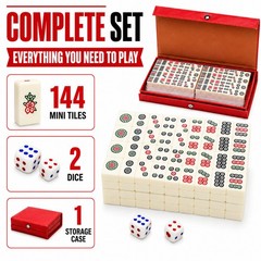 Travel Mini Mahjong Set 144 Tiles 2 Dice Red Carry Case Family Tabletop Game Toy