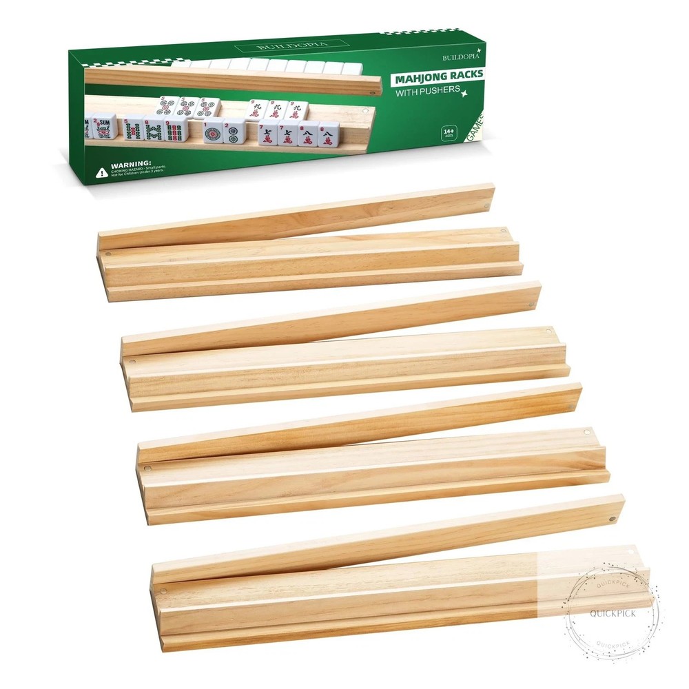 Wooden Mahjong Racks with Pushers, Set of 4, Solid Wood Tile Racks with Push Sli
