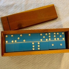 Vintage Two-Tone Blue and White Double Six Dominoes Complete 28 Set Wood Box