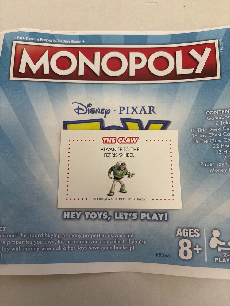 2018 Monopoly Toy Story Advance To The Ferris Wheel Chance Claw Card Game