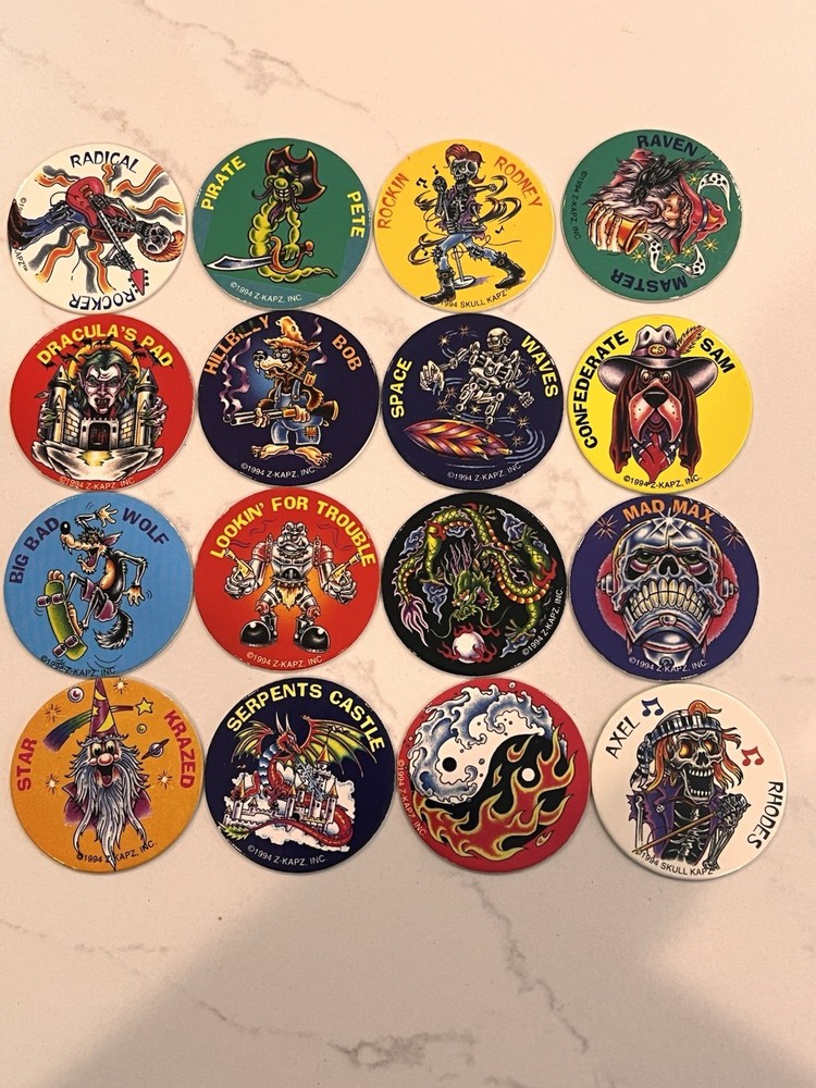 1990s Lot of 16 Kraft Kaps Pogs Slammers Retro Mad Max Alex Rose Pirate Pete
