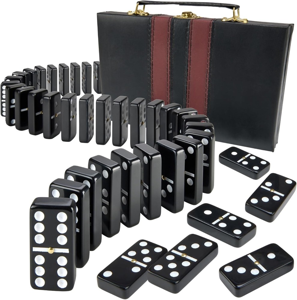 Jumbo Double Six Dominoes Set – 28 Black Classic Tiles in Faux Leather Case – Fu