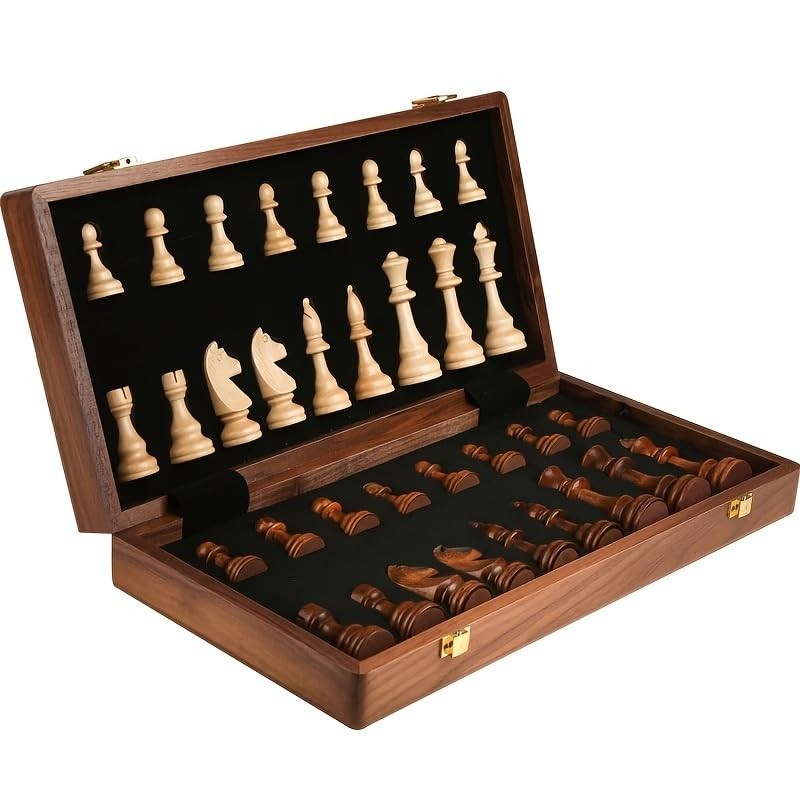 15″ Folding Walnut Chess Set Board W/ Storage Portable Travel Game 2 Queens