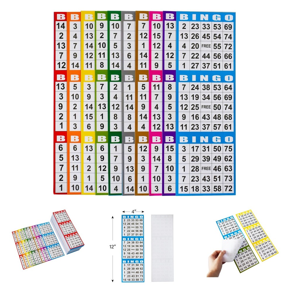 Bingo Paper Game Cards 4×12 Inches 3 Card Sets 100 Books 10 Colors