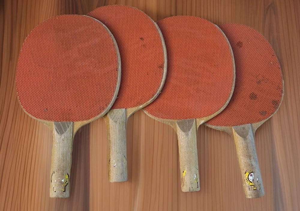 (4) Vintage Wilson E6036 Wooden Ping Pong / Table Tennis Paddles Orange/Brown