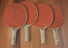 (4) Vintage Wilson E6036 Wooden Ping Pong / Table Tennis Paddles Orange/Brown