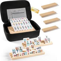 Mexican Train Dominoes Set with Numbers and 8 Wooden Trays/Racks, Double 15 Domi