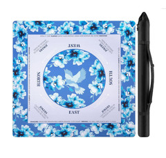 Mahjong Mat Floral Blue, printed Game Instructions, Neoprene Back, Large 31″