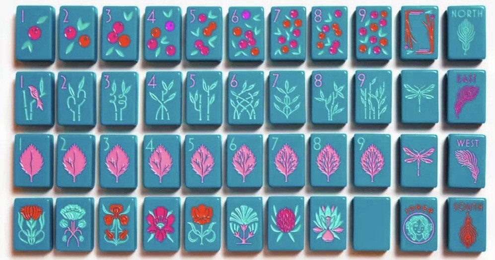 Botanical Line: Deep Teal Mahjong Tiles