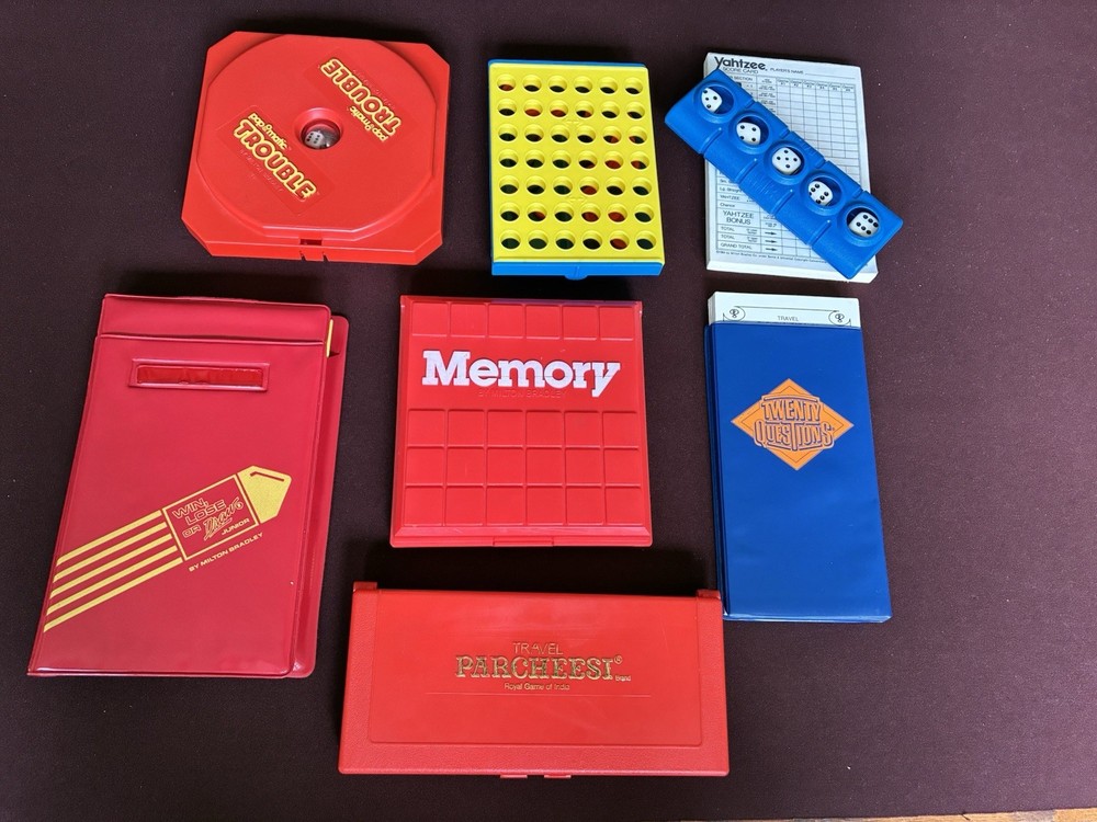 LOT OF 7 Milton Bradley VTG Travel Games- Memory Connect 4 Trouble Yahtzee +More