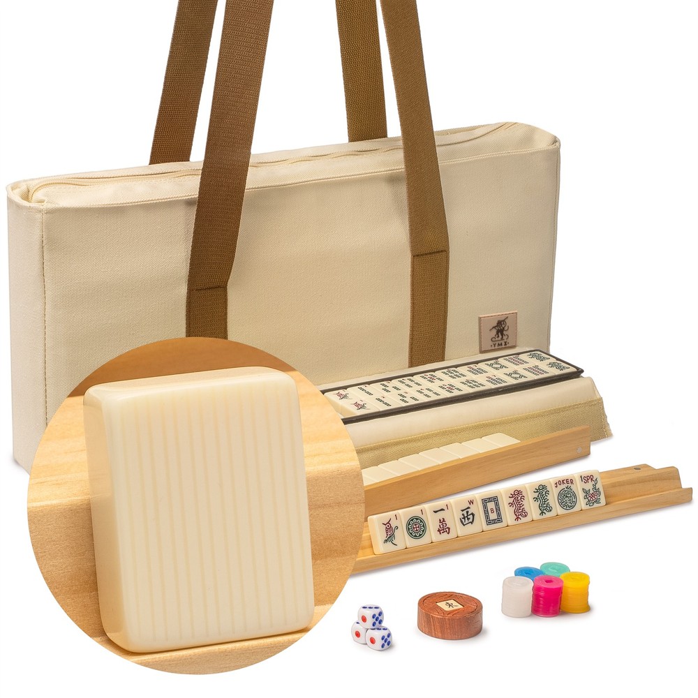 American Mahjong Set, “Ivory Stripes” – 166 Tiles with Beige Soft Case