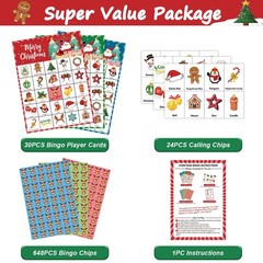 46PCS Christmas Bingo Game Cards for 30 Players Christmas Party Games for Kids