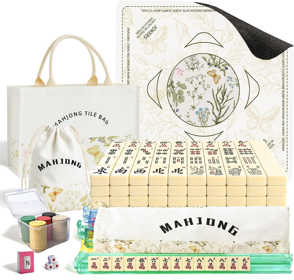 American Mahjong Tiles Set with Noise Reducing Mahjong Mat, 166 White Mahjong Ga
