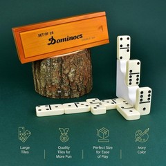 Queensell Jumbo Dominoes Set for Family Fun – 28 Double 6 Tiles in Wooden Box