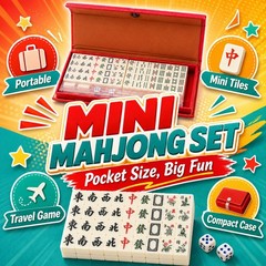 Mini Mahjong Game Set Travel Size Tiles with Storage Case Dice Kids Adults Party