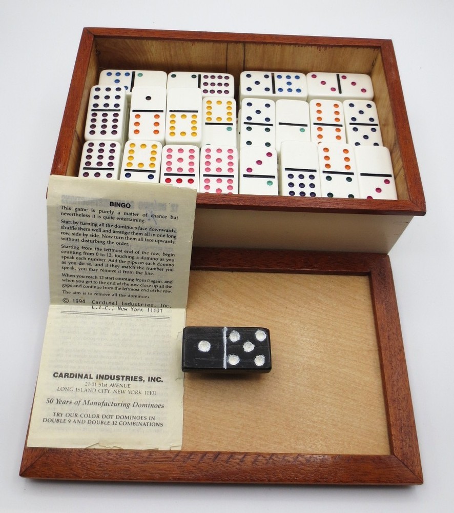 CARDINAL IND. DOMINOES MEXICAN TRAIN w/INSTRUCTIONS in HANDCRAFTED WOOD BOX