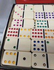 Double 12 Dominoes Set Faux Crocodile Case Multicolor Pips + Bonus Tiles 1980s
