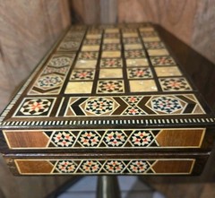 Vintage Mosaic Inlay Chess Backgammon Set Handcrafted Wood Marquetry Game Box