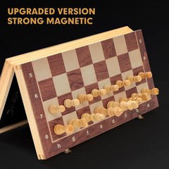 15″ x 15″ Magnetic Wooden Folding Chess Set with 2 Extra Queens, Handmade Game B