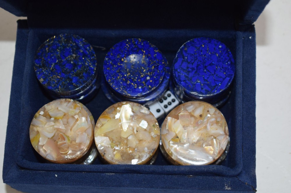 Handmade Mother of Pearl & Lapis 30 Backgammon Chips checkers Pieces , Gift Box