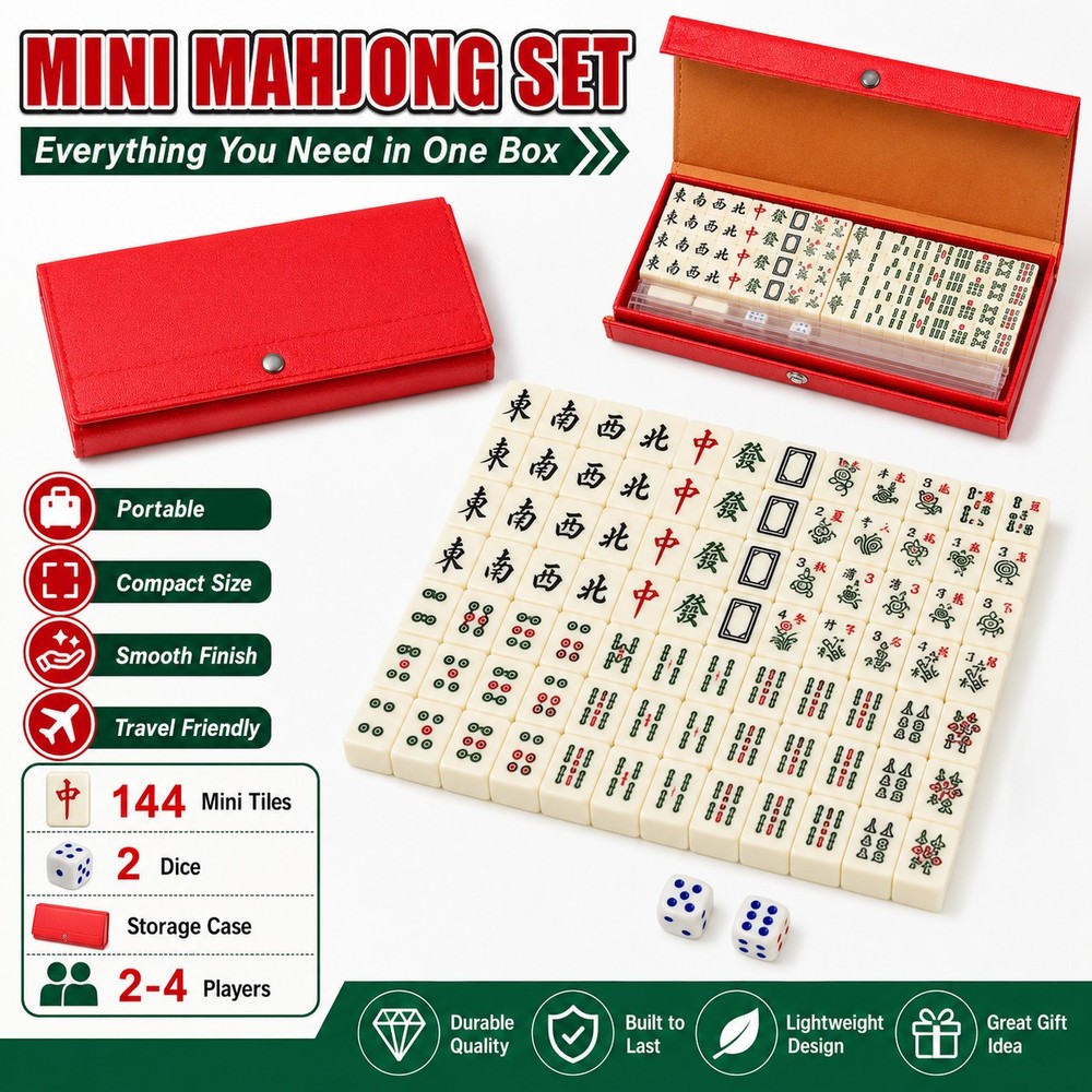 Mini Mahjong Set 144 Tiles 2 Dice Travel Board Game Storage Case Gift for Kids!!